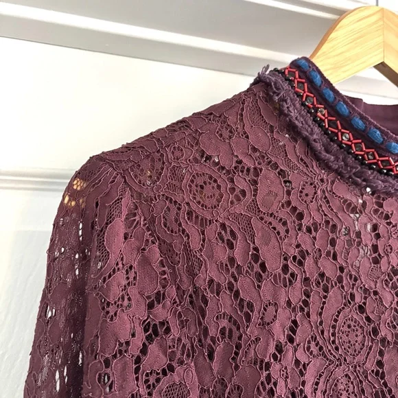 Anthropologie Bl^nk London Wine Lace Savannah Long Sleeve Top Medium - Picture 5 of 13